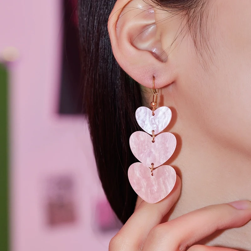 1 Pair Gorgeous Pastel Pink 3 Tier Heart Trio Statement Drop Dangle Earrings Gold Plated Hook Gift for Women Girls Jewelry Gift