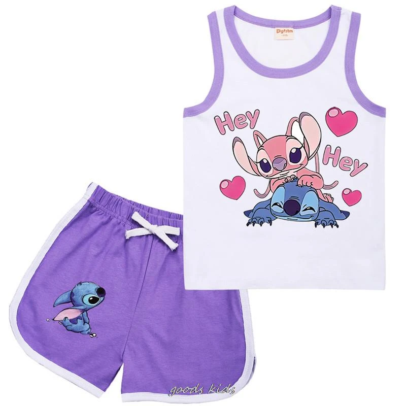 Disney chándal de y Stitch para niños, ropa de para niños, Tops sin mangas y pantalones cortos, traje moda para niñas de 1 a 15 | - AliExpress