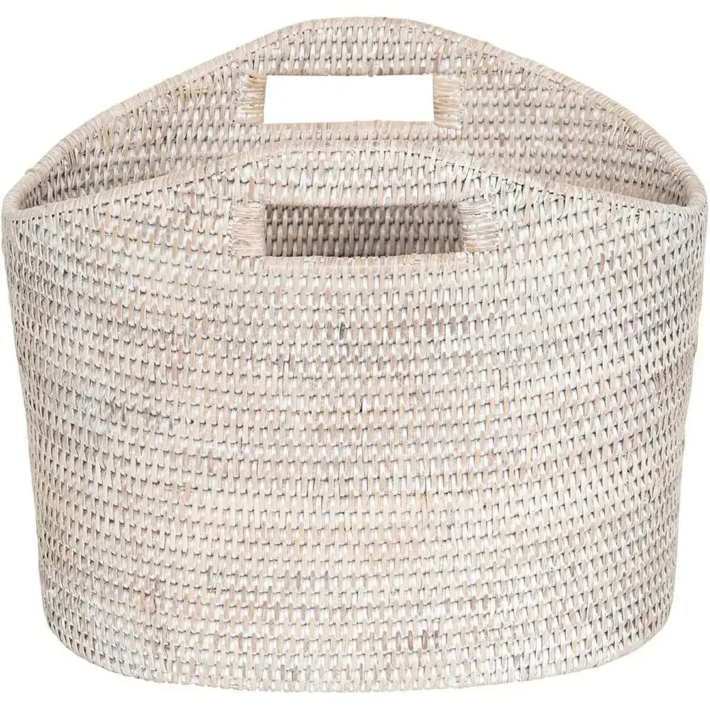 Rattan Magazine Holder Clear Lacquer Finish Oval Shape White-Wash 14.25"x9.5"x12.25 5