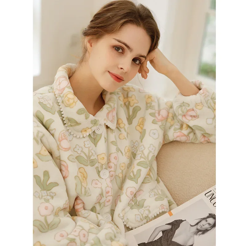 New Winter Women Pajamas Set Thickened Fashion Elegant Composite Fleece Warm Tulip Printing Long Home Sleepwear Women's Clothing