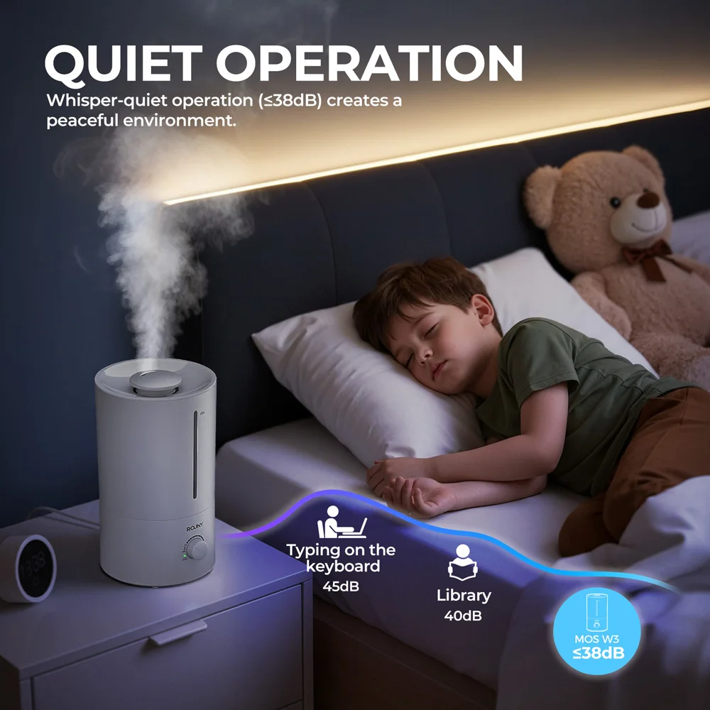 ROUNY Luftbefeuchter, 4 l Ultraschall-Luftbefeuchter mit niedrigem Wasserschutz, 360° ° Nebel, leise, BPA-frei, großes Fassungsvermögen, weiß – Detail 7