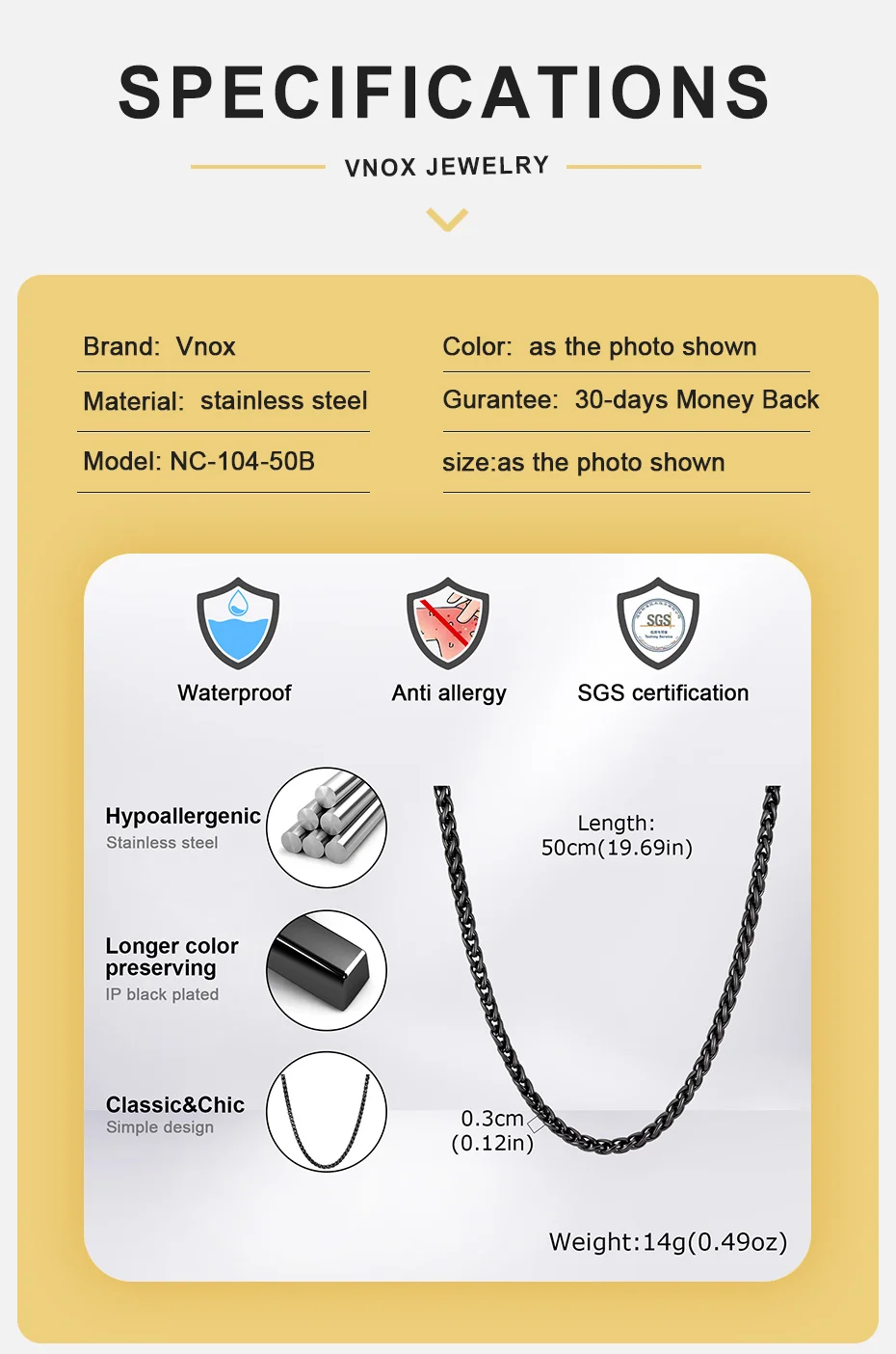 Vnox Schwarz Silber Gold Farbige Edelstahl-Kette 3mm Breite Korbgeflecht-Halskette Schmuckgeschenk für Männer Frauen – Detail 4