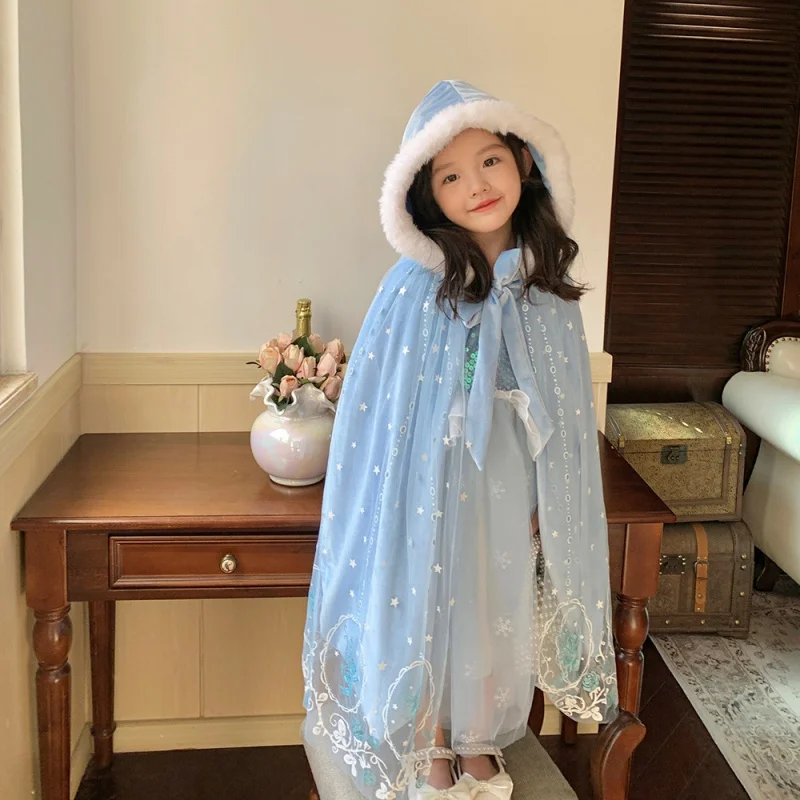 

' Autumn Winter Fleece-Lined Frozen New Shawl Ice and Snow 2 Princess Elsa Girls' Blue Cloak