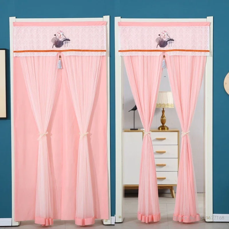 Punch-Free Mosquito Screen Door Curtain, Breathable Bedroom Partition Curtain, Double Layer Opaque Yarn Lace Door Curtain, 1Pc