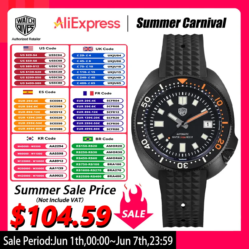 Watchdives WD6105 Automatic Diver Watch NH35 Movement Stainless Steel Sapphire Crystal Watches C3 Green Luminous Wristwatch