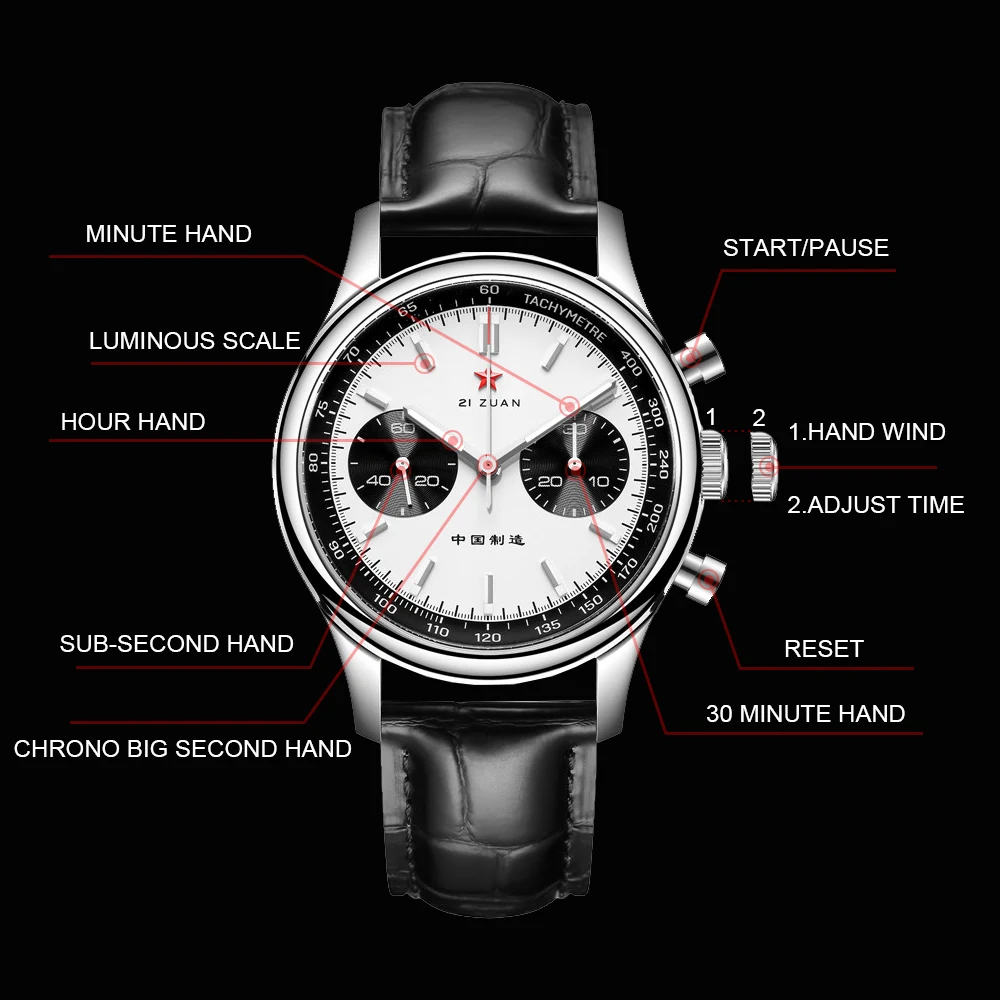 Luxury 21 Zuan 40mm Panda 1963 Chronograph with ST1901 Movement Classic Pilots Men's Mechanical Watches Luminous Sapphire Glass