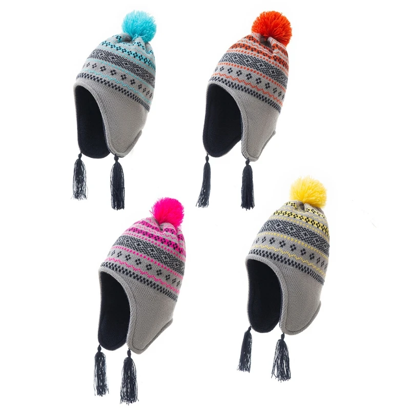 

Kids Baby Winter Plush Lining Earflap Knitted Tassels Beanie Hat Dropship