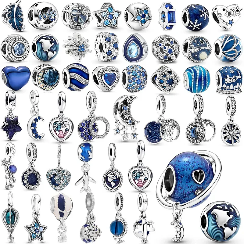 

45Pcs DIY Accessories Set 2024 Blue Starry Sky Series Pendants Beads Fit Pandora Charm Necklace Bracelet Keychain Women Jewelry
