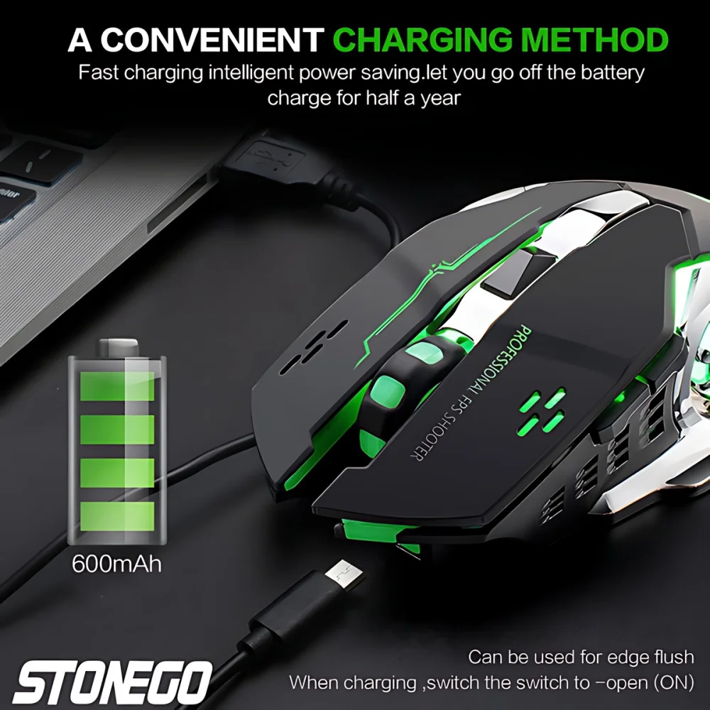 Stonego-mouse Bluetooth sem Fio com Receptor 2.4g Usb Led Colorido Óptico Silencioso Ergonômico Computador Jogo - Imagem 2