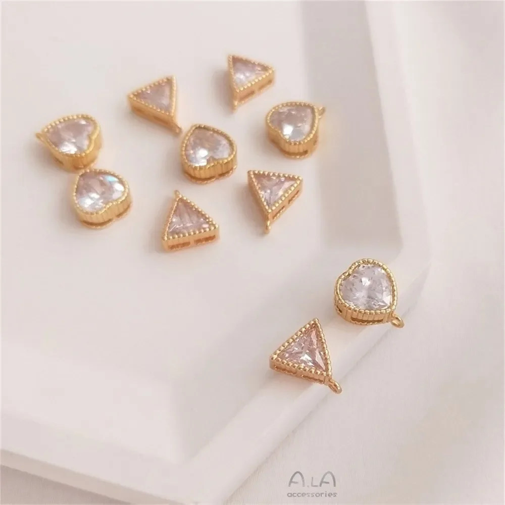 

14K цельное золото инкрустированное цирконием сердце треугольник с подвесными бусинами Подвеска DIY браслет серьги аксессуары K147