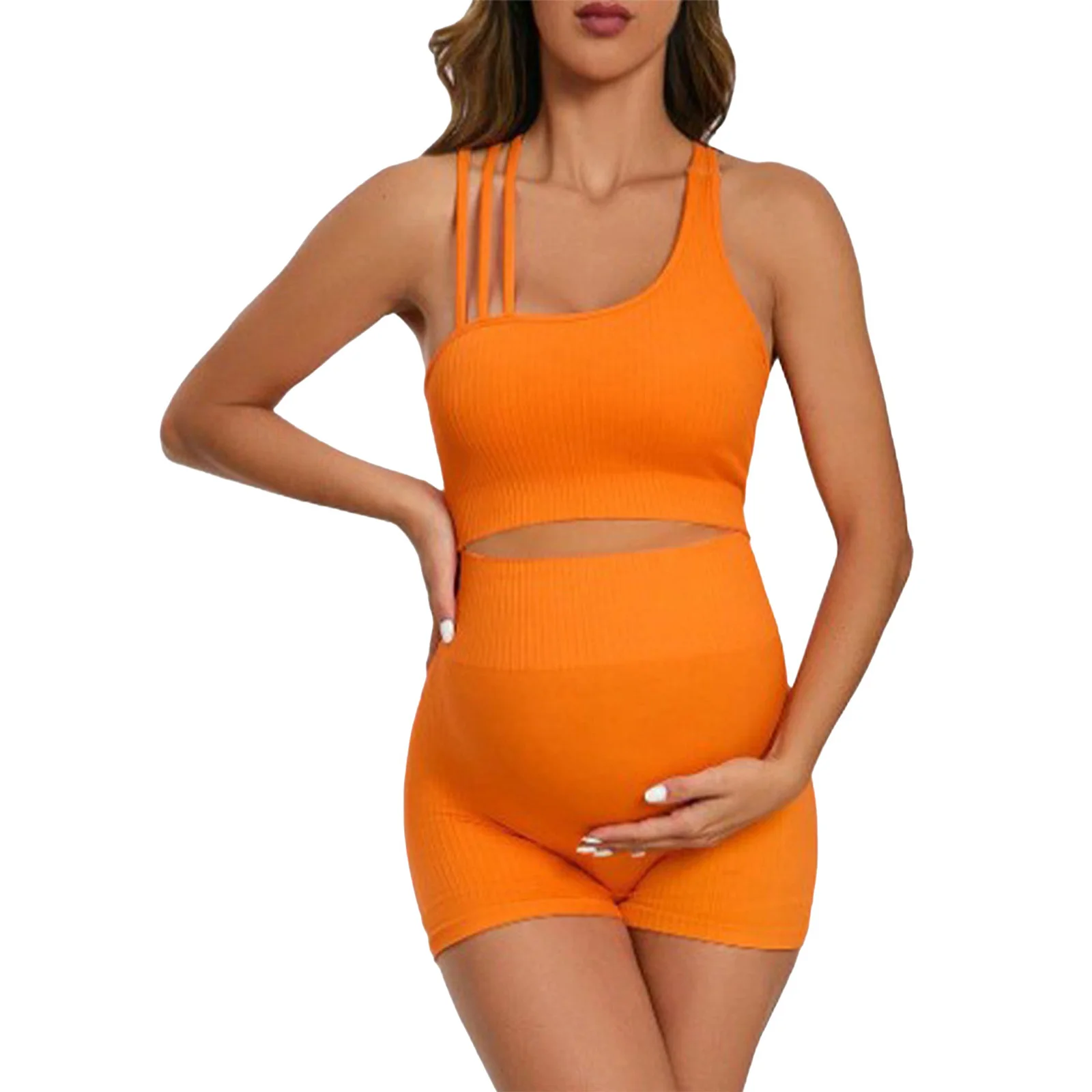 여성용 임산부 요가복 민소매 크로스 스트랩 백 크롭탑과 배를 덮는 반바지 세트, 헬스 운동복