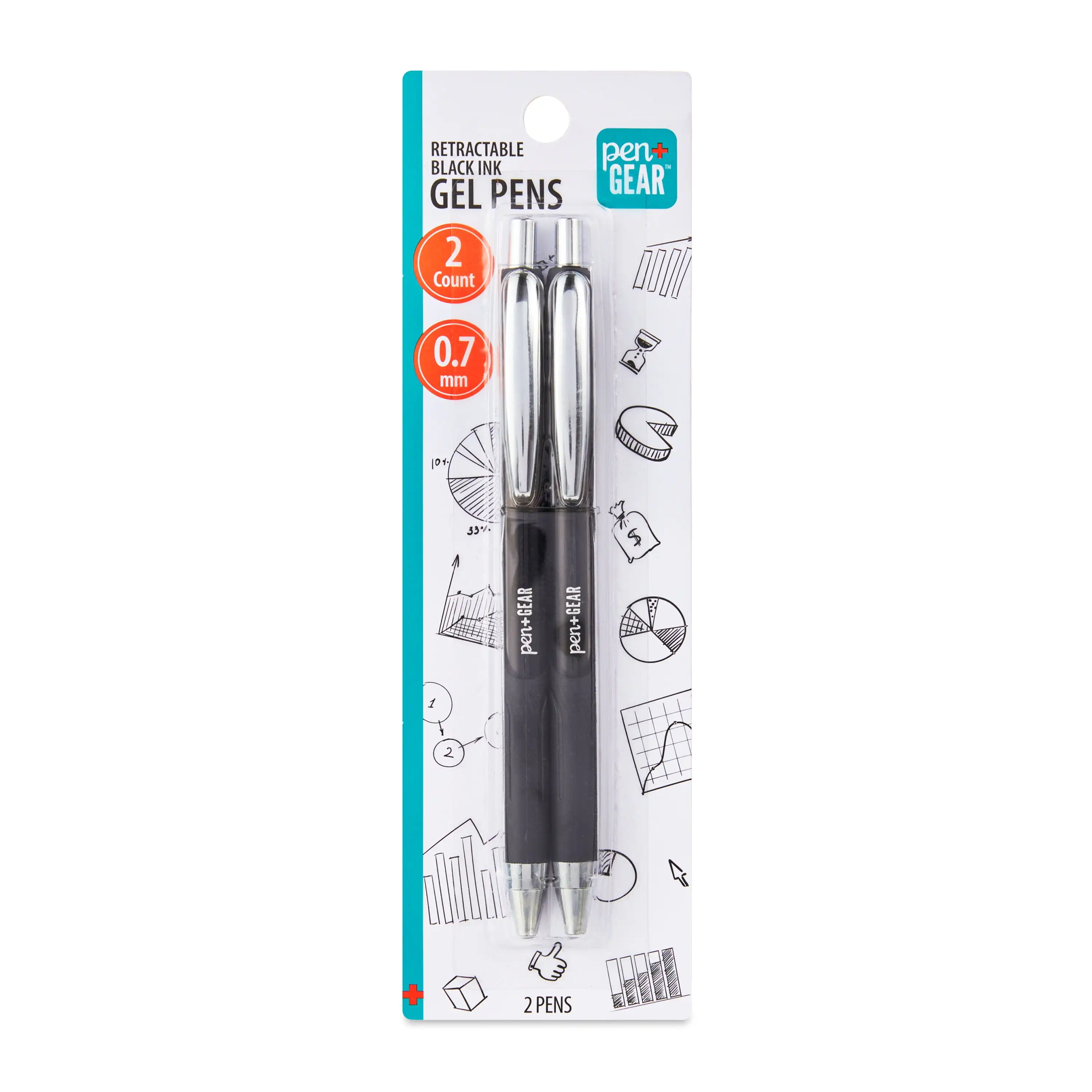 

Retractable Gel Pens, Medium Point, 0.7 mm, Black, 2 Count