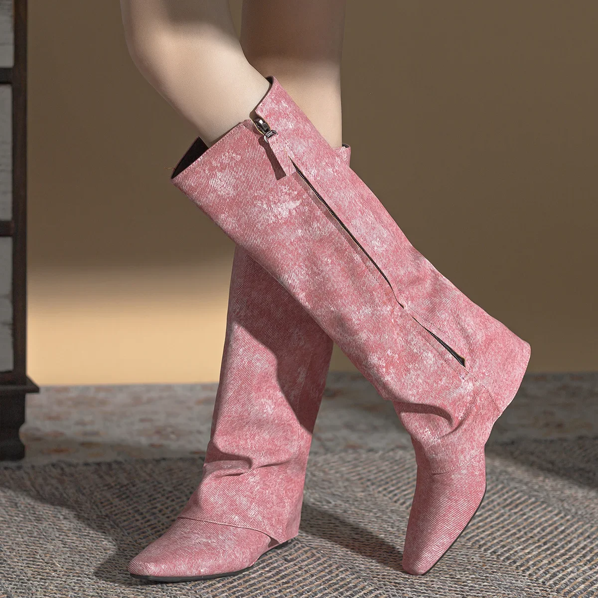 

2023 Fashion Autumn Winter Pink Knight Boots Pointed Toe Flat Long Boots Denim Style Trouser Sleeve Knee High Casual Boots Shoes