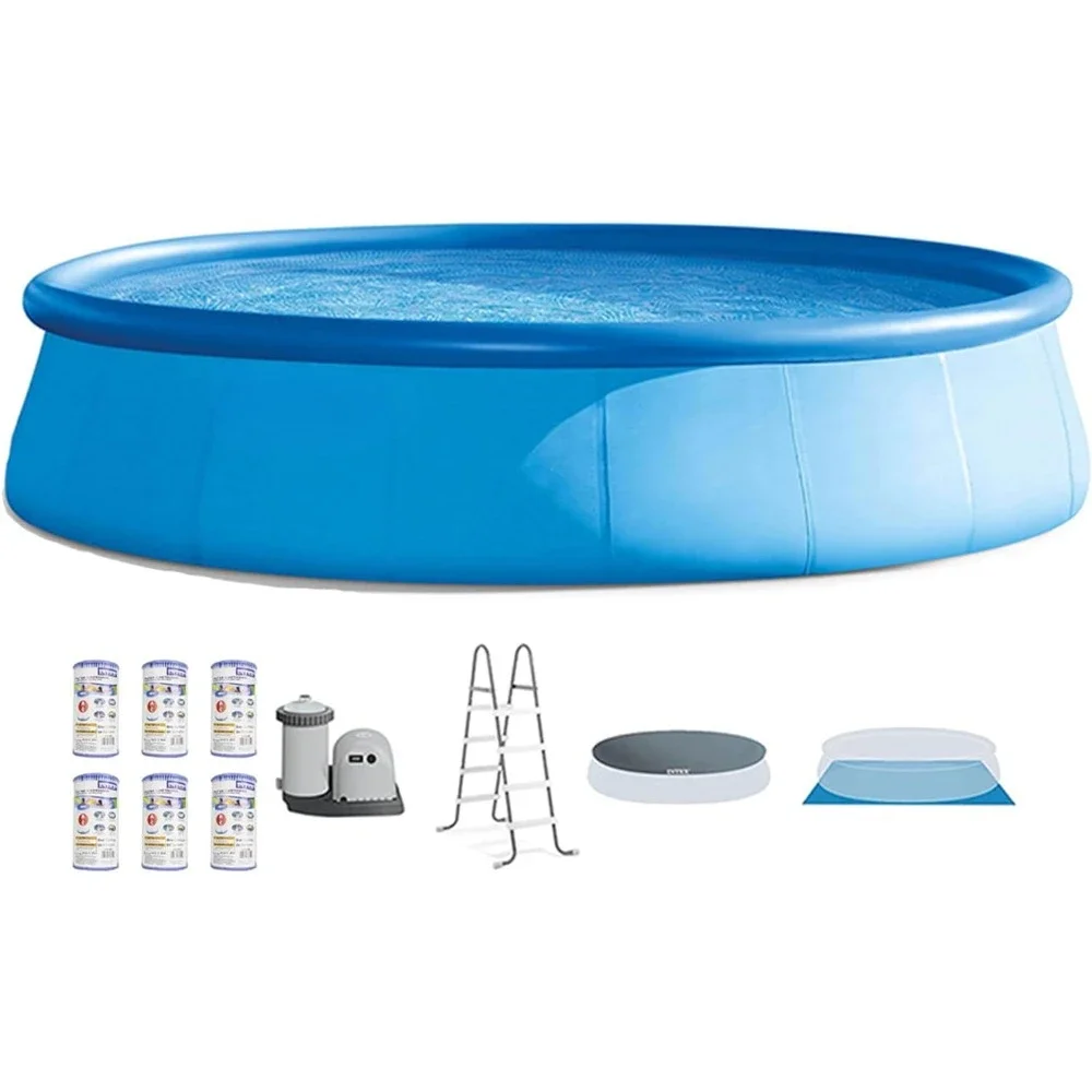 

Round Inflatable Swimming Pool with Filter Pump, Ladder, Pool Cover, and 6 Pack Filter Cartridges, Blue
