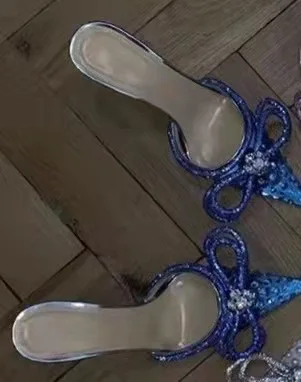 Foreign Trade Bow Knot Rhinestone High Heels, Shallow Mesh, Large Size, Thin Heel, Pointed Back, Empty Slippers for Women
