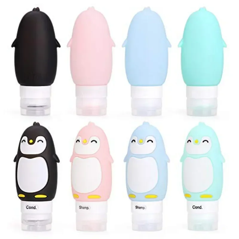 4Pcs 90ml Leakproof Silicone Travel Bottles Accessories Set Refillable Cute Penguin Travel Containers for Shampoo Liquids Cream