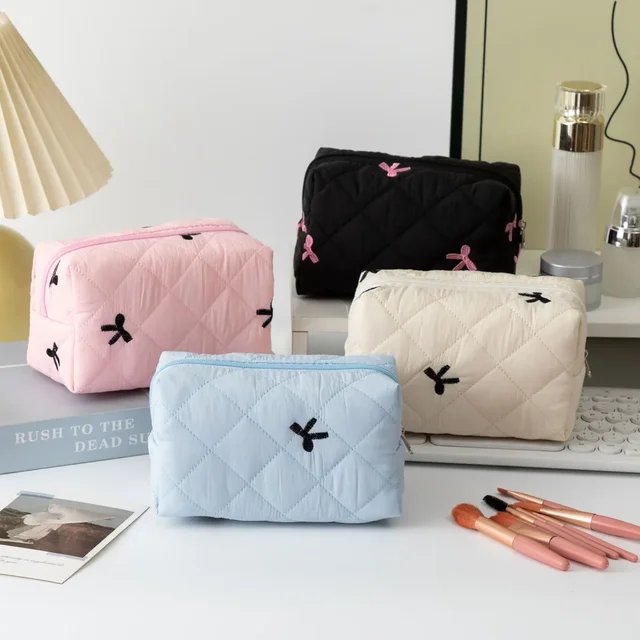 Bow Embroidered Makeup Bag for Women Large Capacity Travel Cosmetic Toiletry Storage Bag