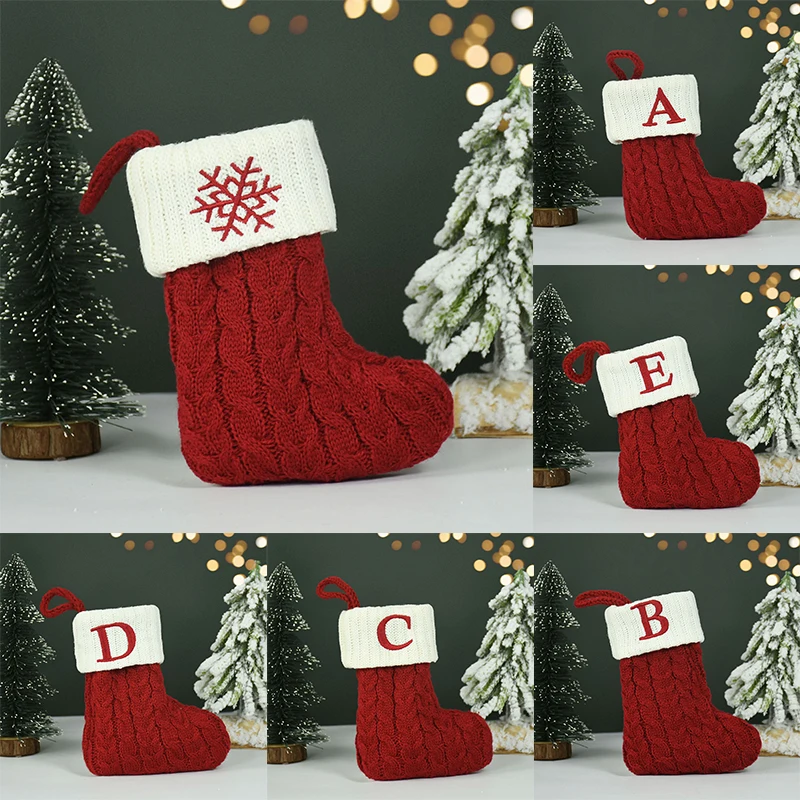 

Red Christmas Socks Snowflake Alphabet Letters Knitting Christmas Stocking Xmas Tree Pendant Decorations New Year Kids Gift