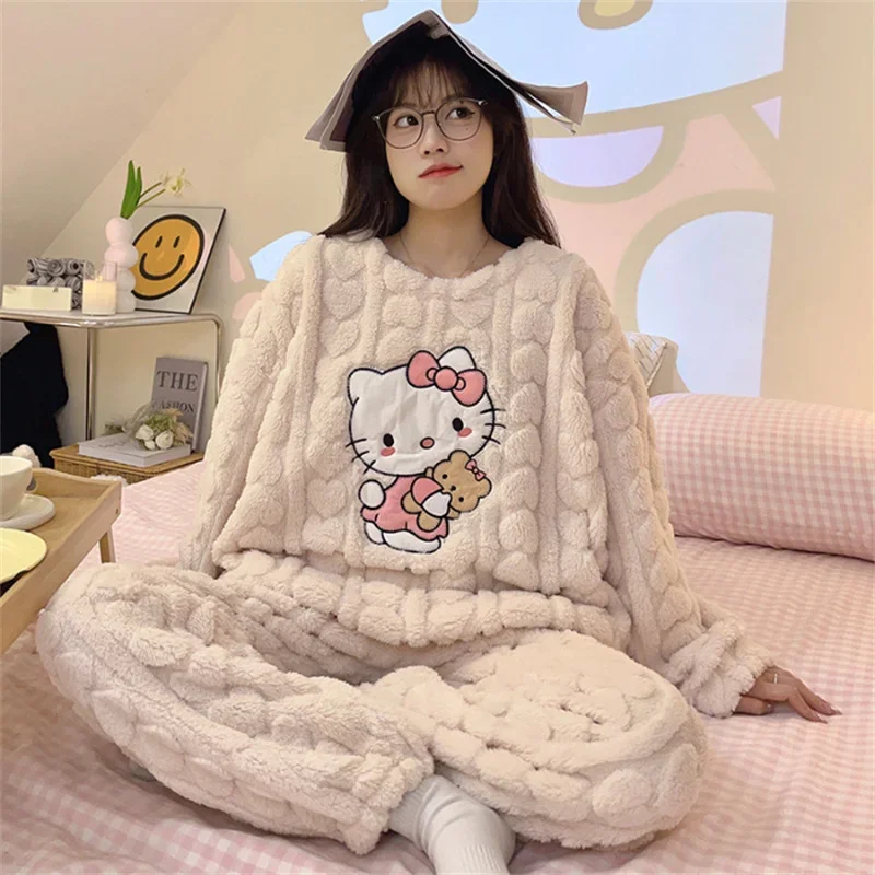 Hello Kitty Pajamas Sanrio Anime Female Thickening Coral Fleece Outerwear Warm Suit