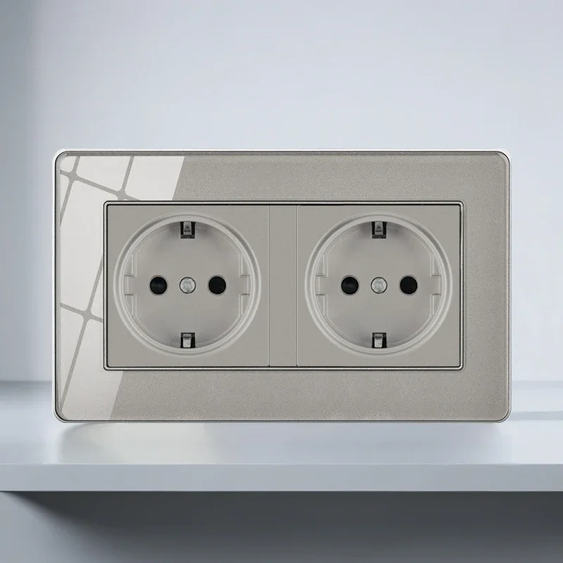 

T&I EU Standard Double Wall Power Socket 16A German Outlet Crystal Glass Panel Grey Glass 86*146mm
