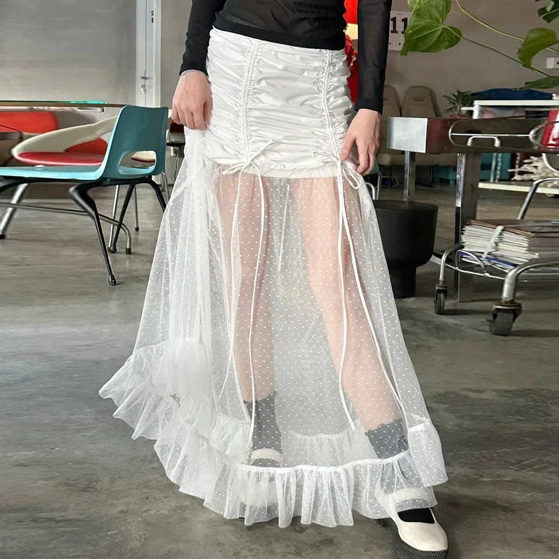 

Белая плиссированная прозрачная сетчатая длинная юбка на шнуровке в стиле пэчворк, соблазнительная эстетичная юбка-макси с оборками, Корейская юбка Y2k