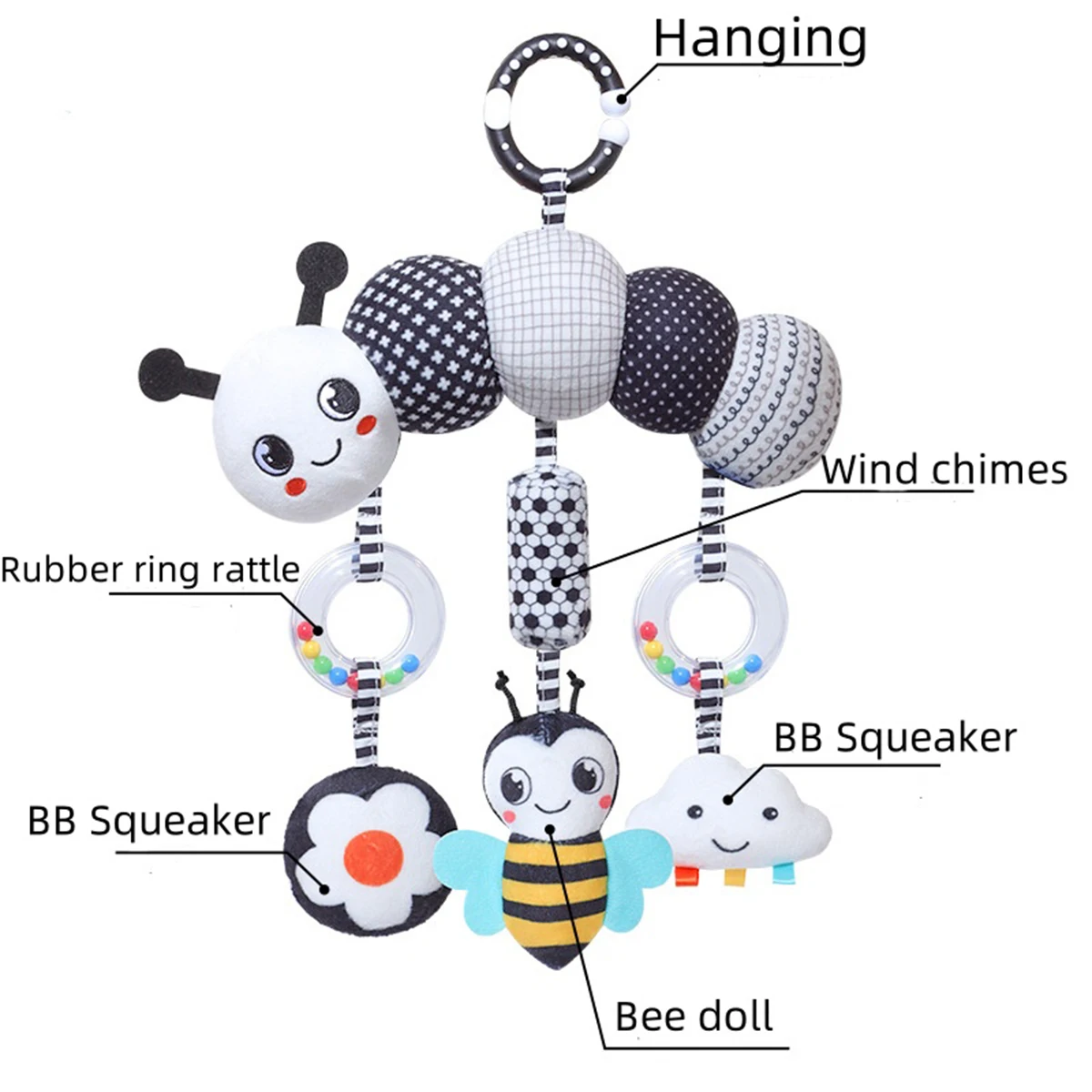 Baby stroller black and white pendants, wind chimes, newborn bed bells, bed hanging toys, baby car puzzle toys 6