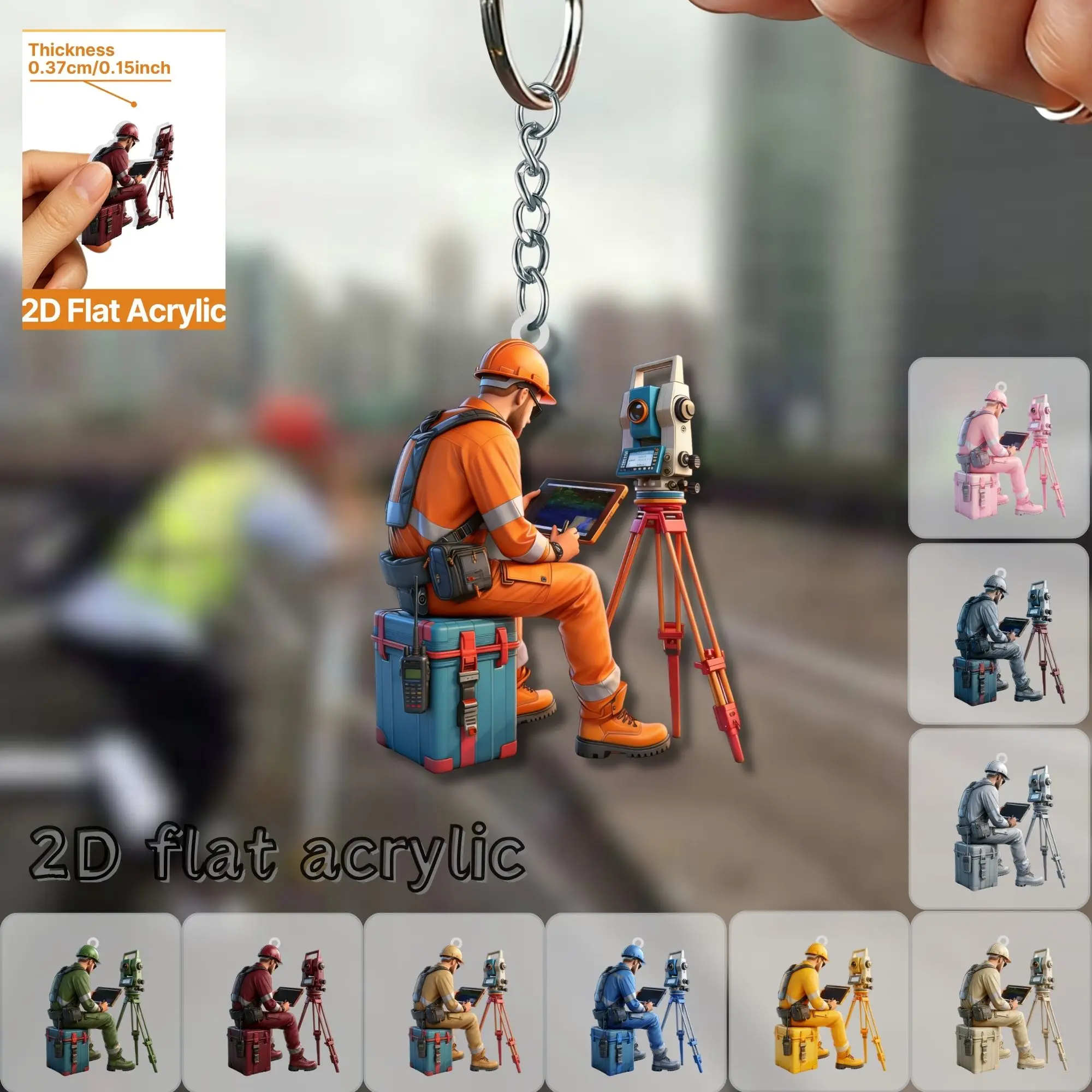 Vermessungstechniker mit Theodolit-Schlüsselanhänger, 2D-Flach-Acryl, mehrere Designoptionen für Rucksäcke, Schlüssel, Autospiegel, Taschenanhänger