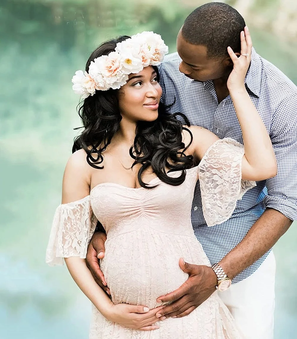 Maternity Photography Props Floral Lace Dress Fancy Pregnancy Gown for Baby Shower Photo Shoot 