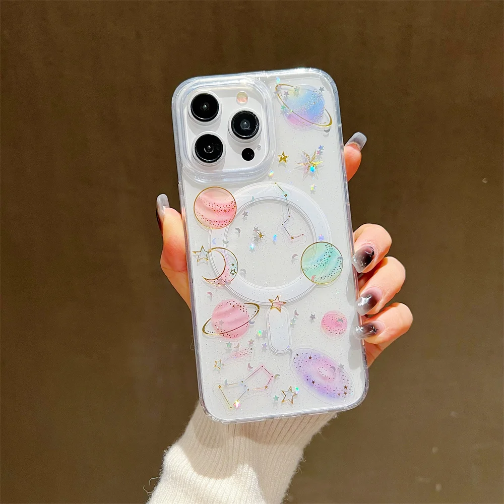 Transparent Stars and Moon Magnetic Phone Case for iPhone 14 15 Pro Max 13 12 Pro Max 14 15 Plus 11 for Magsafe Shockproof Cover 2
