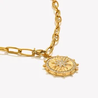 E.B,belle New Coin Size Round Eight Pointed Star Pendant Necklace PVD Plated Stainless Steel Women Party Chic Jewelry