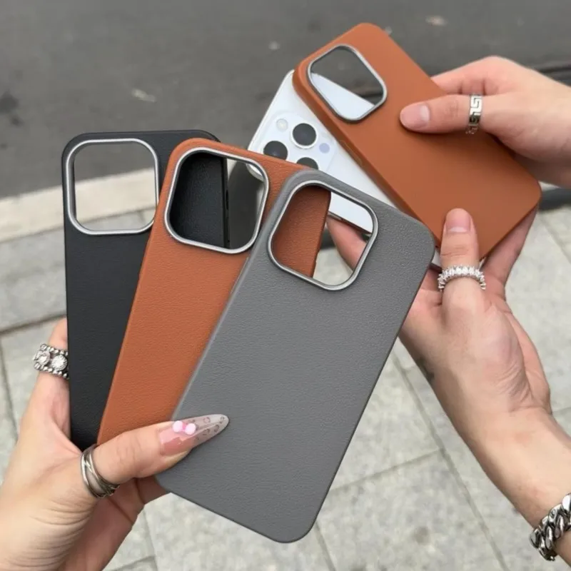 Luxury Leather Texture Soft Silicone Case with Retro Metal Camera Ring Cover
