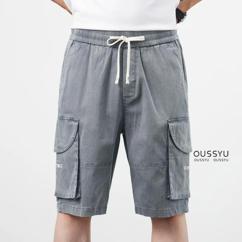 Men Cargo Shorts Summer Soft Cotton Fabric Thin Loose Pocket Denim Elastic Waist Holiday Casual Beach
