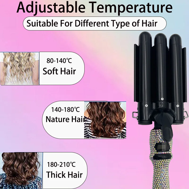 Curling Weave Iron Wand with Rhinestones Three Barrel LCD Temperature Display 1 Inch Ceramic Triple Barrels Crimp for Long Hair