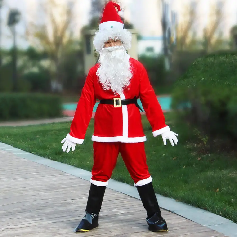 Santa Outfit Santa Claus Cosplay Costume Set for Christmas Performance Photography Outfit Including Top Pants Hat Belt for Drama