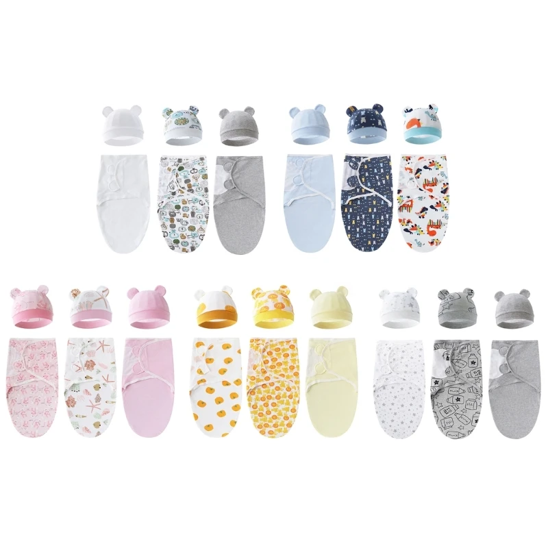 

3 Sets Soft Baby Swaddle Blanket Cartoon Printed Newborn Infant Baby Sleeping Bag Wrap Swaddling Blanket with Hat