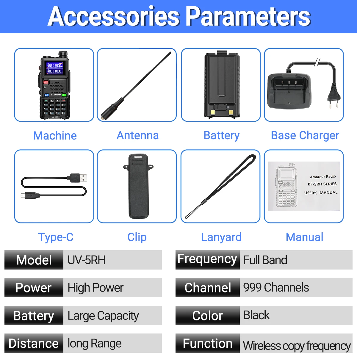 Baofeng-walkie-talkie de banda completa UV 5RH, frecuencia de copia inalámbrica, cargador tipo C, transceptor mejorado UV 5R, Radio bidireccional Ham, 10W