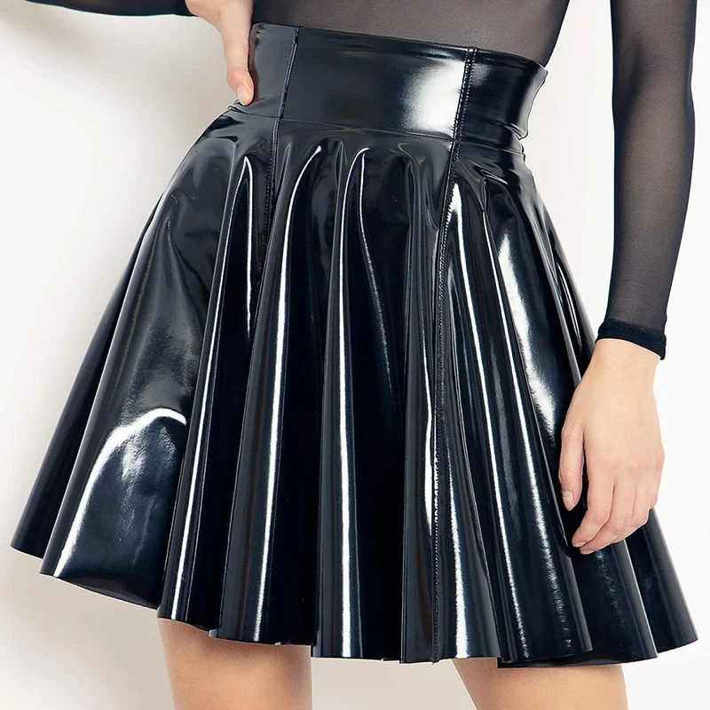 Wet Look PVC Leather Skirt Gothic Women Summer Skirts Lady High Waist Flared Pleated A-line Circle Mini Skater Skirt Clubwear 2