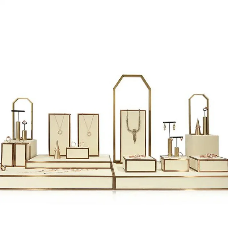 

Custom. VANLOCY Beige Microfiber Ring Earring Necklace Set Metal Storage Jewelry Display Stand Cabinet Showcase Rack Holder ODM