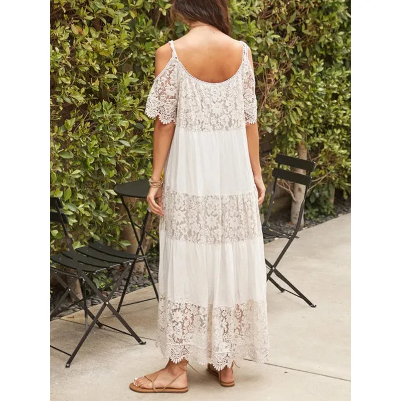 White Lace Beach Dress Women Summer V Neck Hollow Out Boho A-line Dress Fashion Elegant Embroidery Holiday Mini Dresses Vestidos