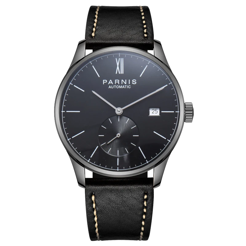 

Casual Parnis 41.5mm Full Black Mechanical Automatic Men Watches Leather Strap Calendar Men's Sports Watch relogios masculino