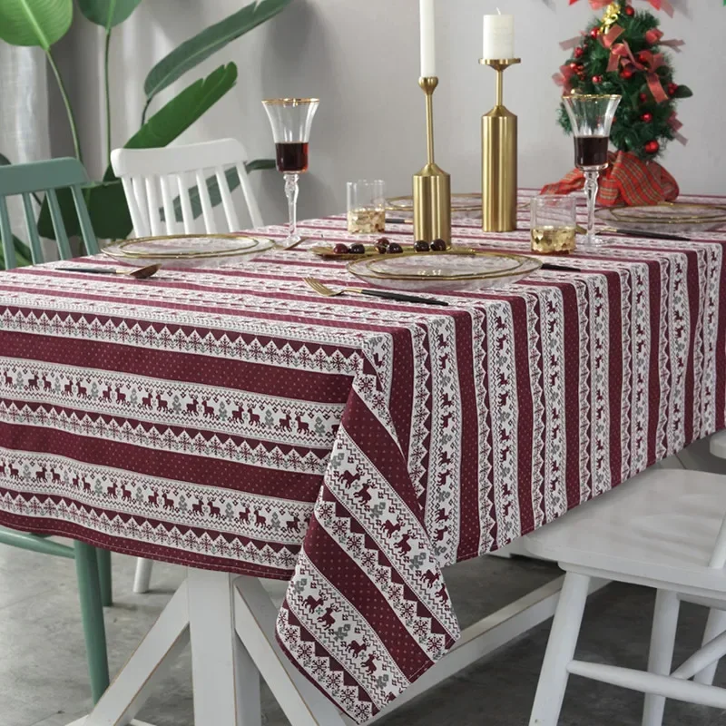 

Christmas Deer Table Cloth Rectangle Cotton Linen Red Striped Kitchen Dining Table Tablecloth Home Party Decoration Table Cover