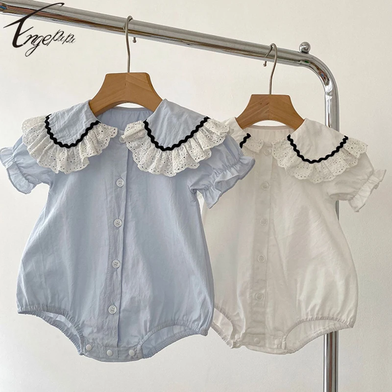 

Korean Style Toddler Baby Girls Sweet Lace Rompers Girls Short Sleeves Jumpsuit Summer Princess Solid Color Rompers Clothes