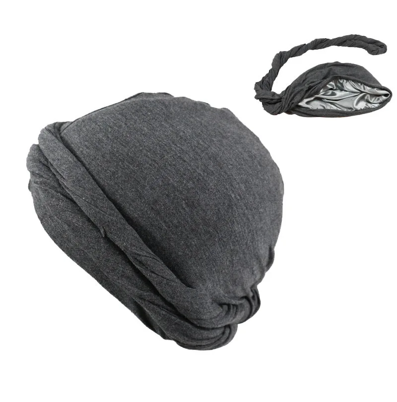 Men's Satin Lined Turban Head Wrap - Pre-Tied Skull Cap With Braided Tail, Modal Fabric, For Hair Protection & Style