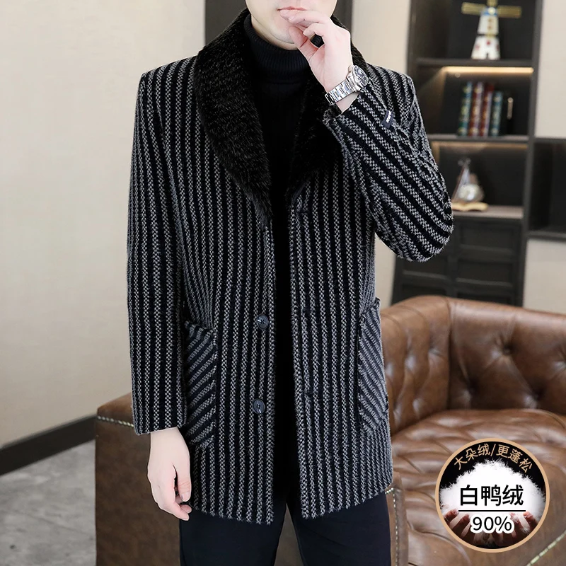 

90% White Duck Down Long Jacket For Cold Winter Mens Luxury Big Fur Collar Trench Coats Warm Woolen Overcoats Boss Husband Wear