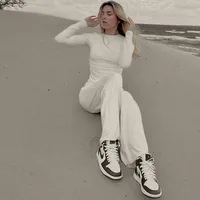 Apprabant Solid Pleated Casual Basic Trousers Set Round Neck Long Sleeve Top Fashion Sports Style High Waist Wide Leg Pants Suit - Image 4