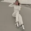 Apprabant Solid Pleated Casual Basic Trousers Set Round Neck Long Sleeve Top Fashion Sports Style High Waist Wide Leg Pants Suit 4