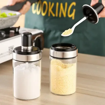 Convenient Transparent Container Spice Jars Seasoning Bottle with Spoon Salt&Pepper Shakers Sugar Glass Utensils Kitchen Tools