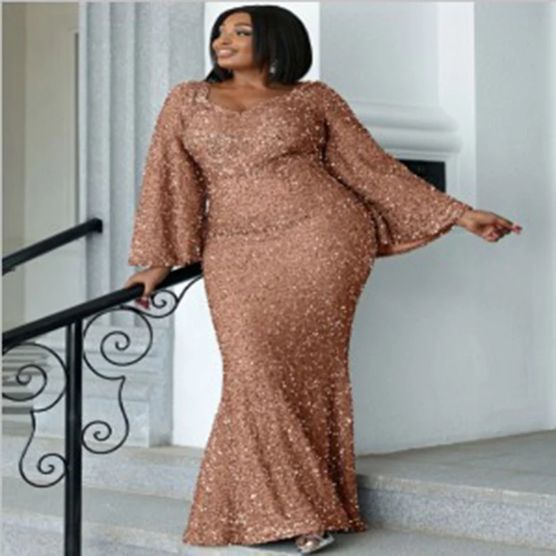 2023 Long Neck Flare Sleeves Floor Sweeping Sequins Prom Dress Ladies Elegant Wedding Birthday Party Fashion Evening Dress