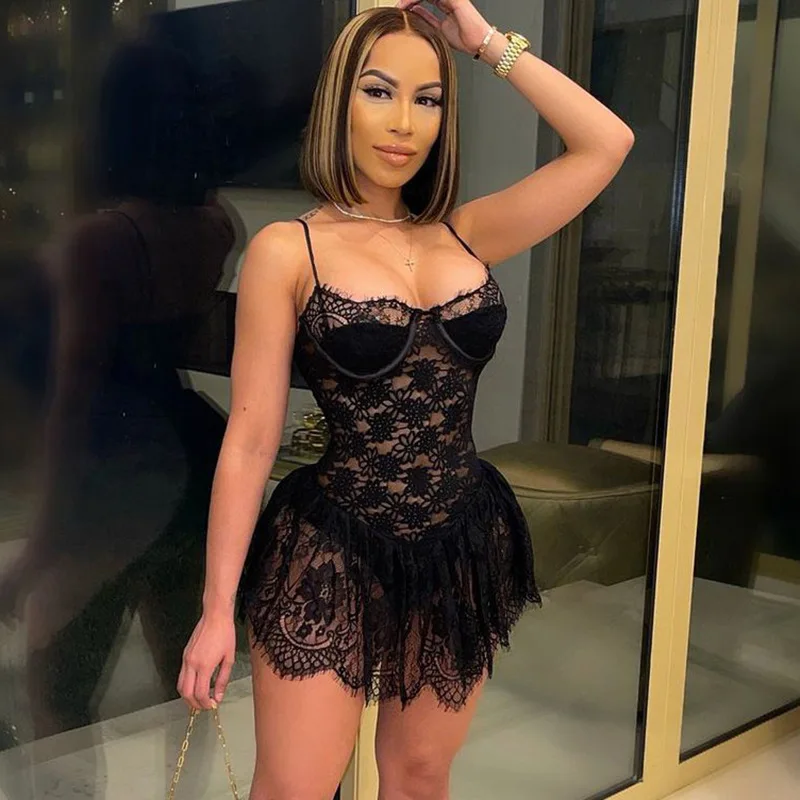 

Club Party Spaghetti Strap Black Lace Mini Dress Summer Sleeveless White Sexy See Through Bodycon Vacation Summer Dresses Black