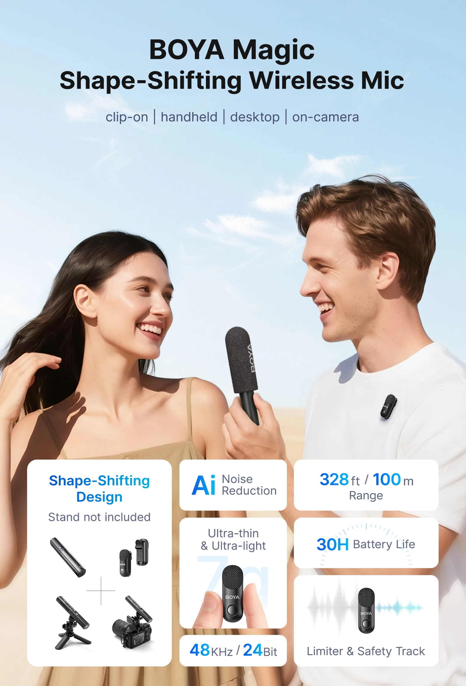 BOYA BOYA Magic Professional Wireless Lapel Microphone Shotgun/Desktop/Handheld Mic for iPhone Android Camera PC Video Recording